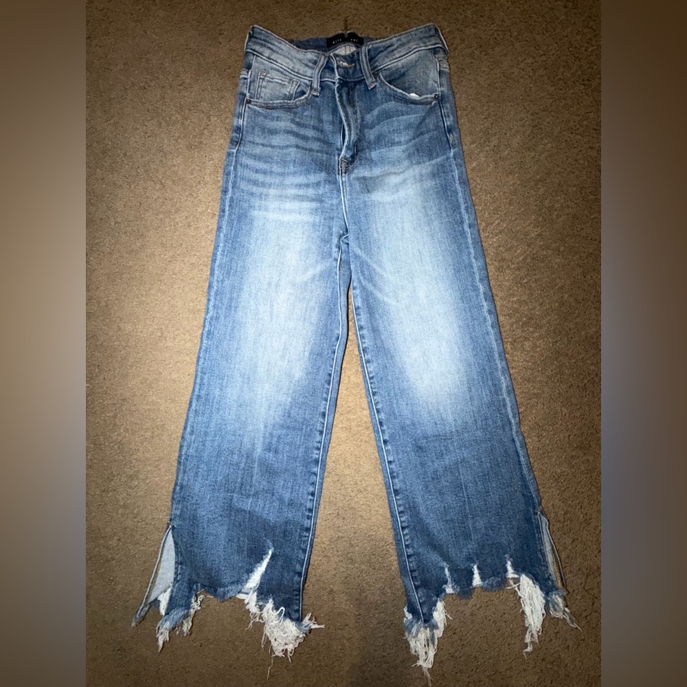 Women's Blue Distressed Wide-Leg Jeans